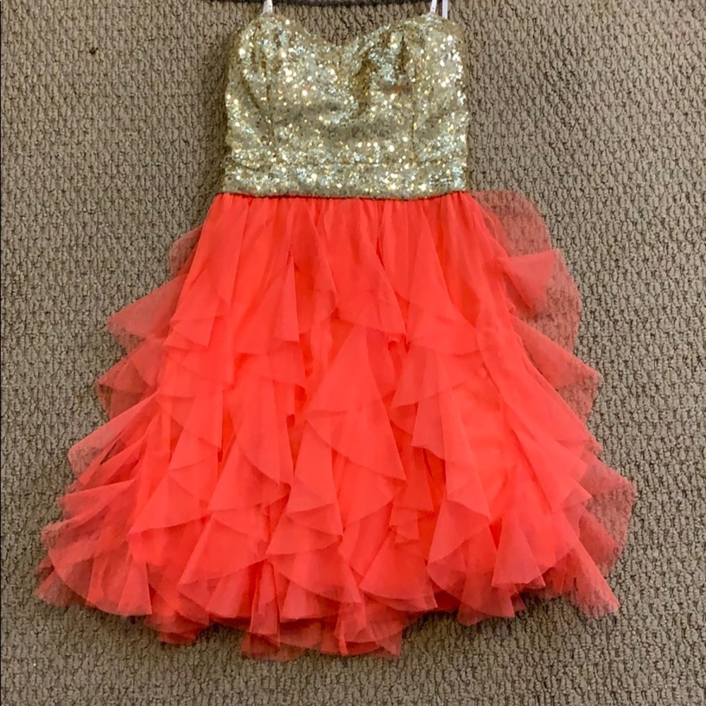 Gold & coral strapless dress
